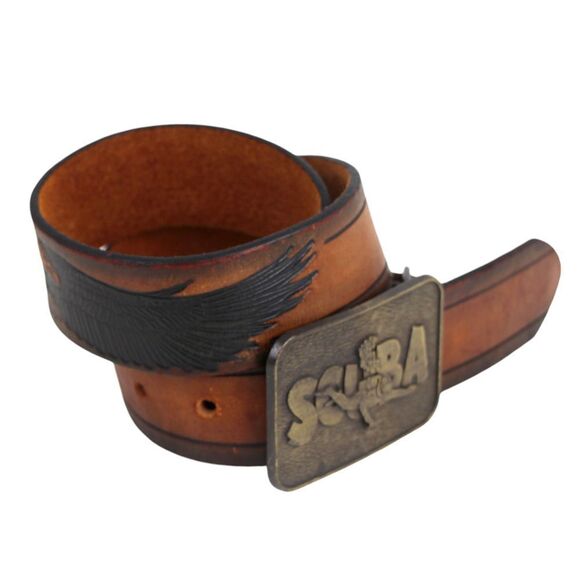 SCUBA TOOLED BROWN GENUINE LEATHER 1 5/8"Wd CASUAL DRESS MEN'S BELT Sz 32 (F99 - Picture 5 of 12